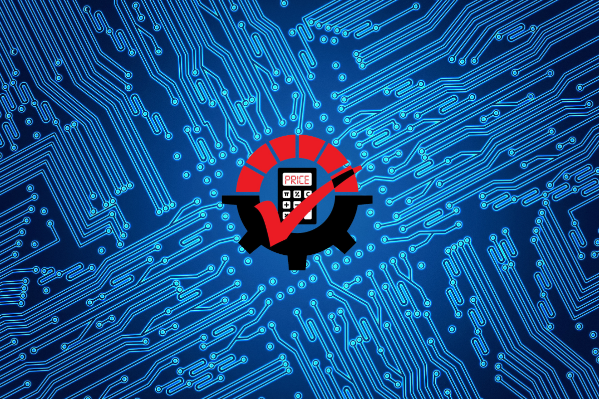 Illustration of a motherboard with intricate circuits all converging towards the Rockton Pricing Management logo, symbolizing efficient pricing integration and connectivity